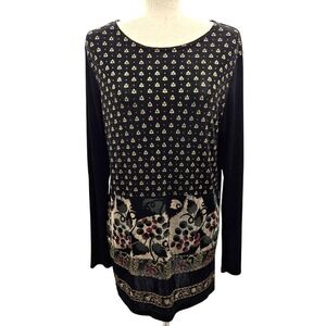 Jaipur Womens Large Black Gold Geometric Floral Mixed Print Long Sleeve Tunic